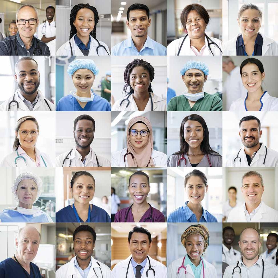 医院工作人员的不同面孔, 包括医生, 护士, 行政人, 和其他人.